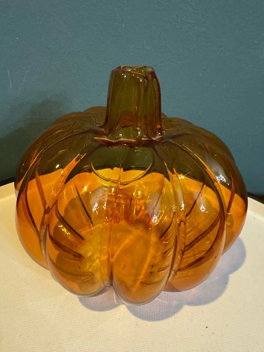 Orange Amber Glass Pumpkin Candle Holder with Stem Chimney 6.5” tall